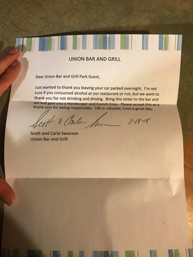 Man Leaves Truck At Union Bar and Grill Overnight, Wife Finds Note